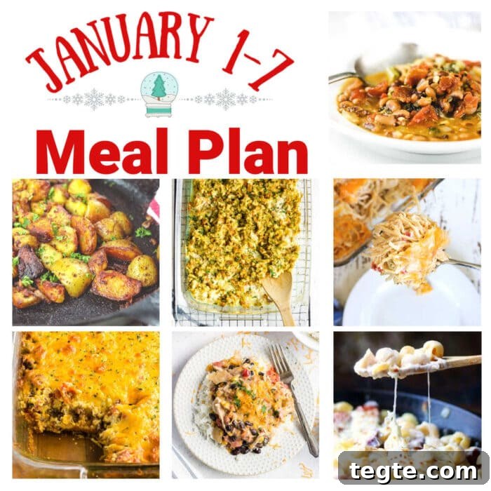 7-Day January Meal Plan: Simple Recipes for the New Year 2 Collage of images from this meal plan with text overlay.