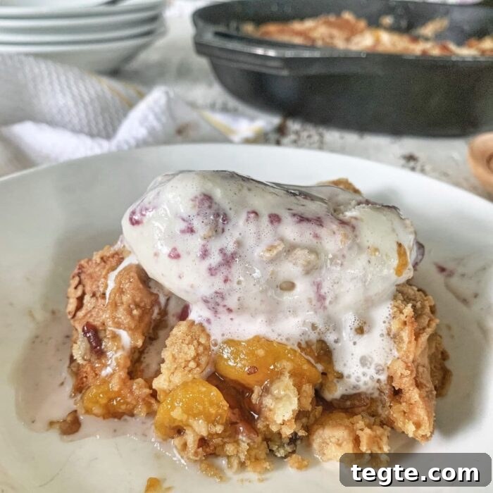 7-Day January Meal Plan: Simple Recipes for the New Year 21 Closeup of a serving of peach dump cake with melting ice cream on top.