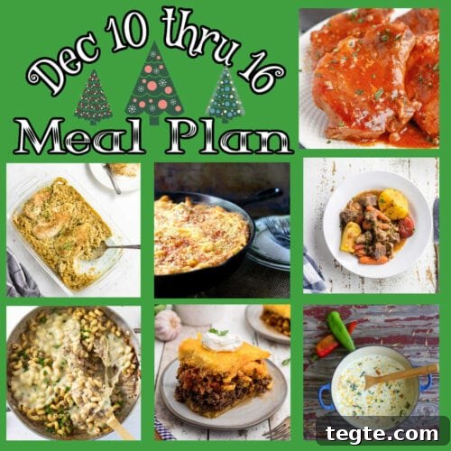 Collage of main dish images with a title text overlay, "Dec 10 - 16 Meal Plan".