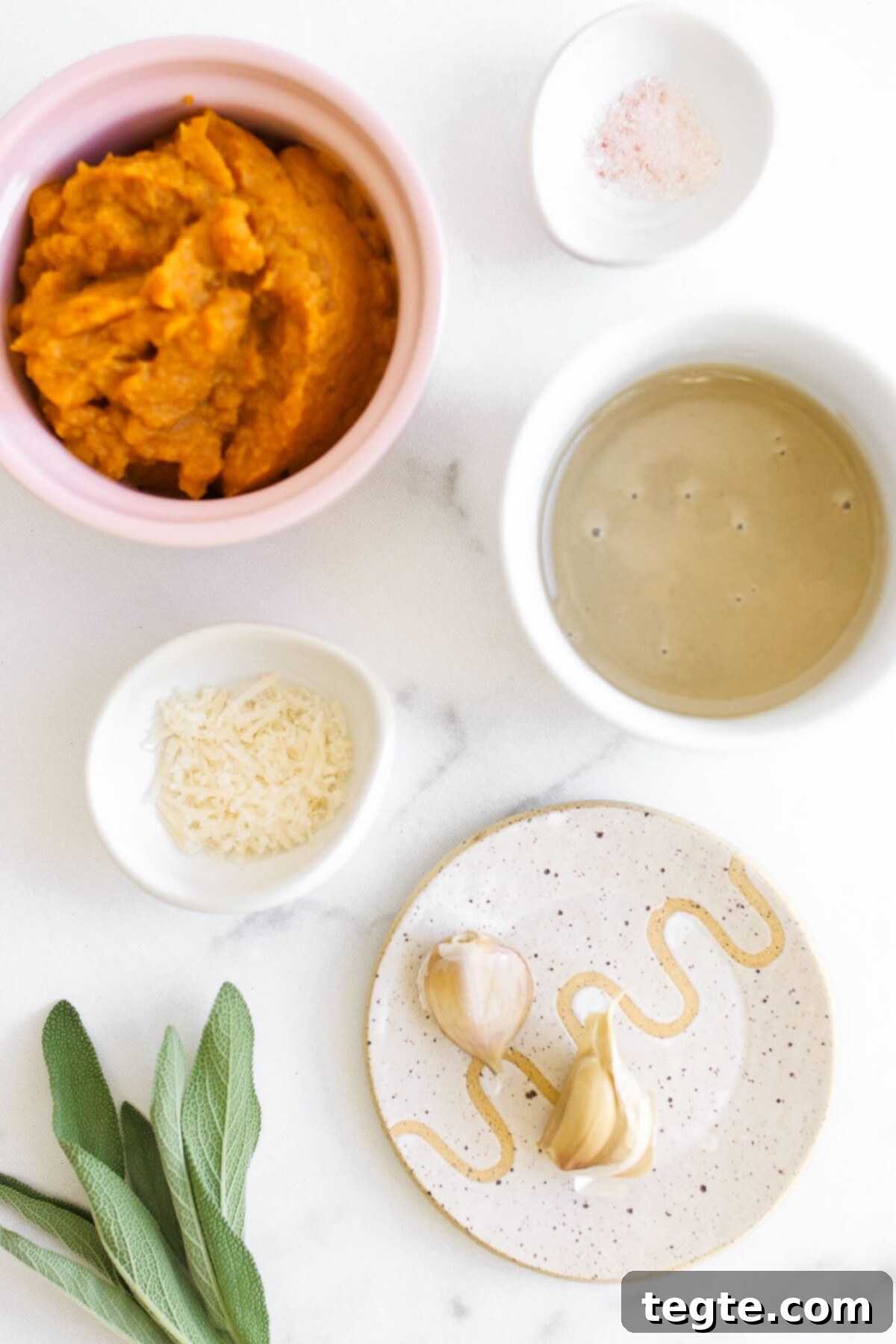 Creamy Pumpkin Tahini Pasta in 10 Minutes: Quick Weeknight Recipe 3 recipe ingredients in a small bowls