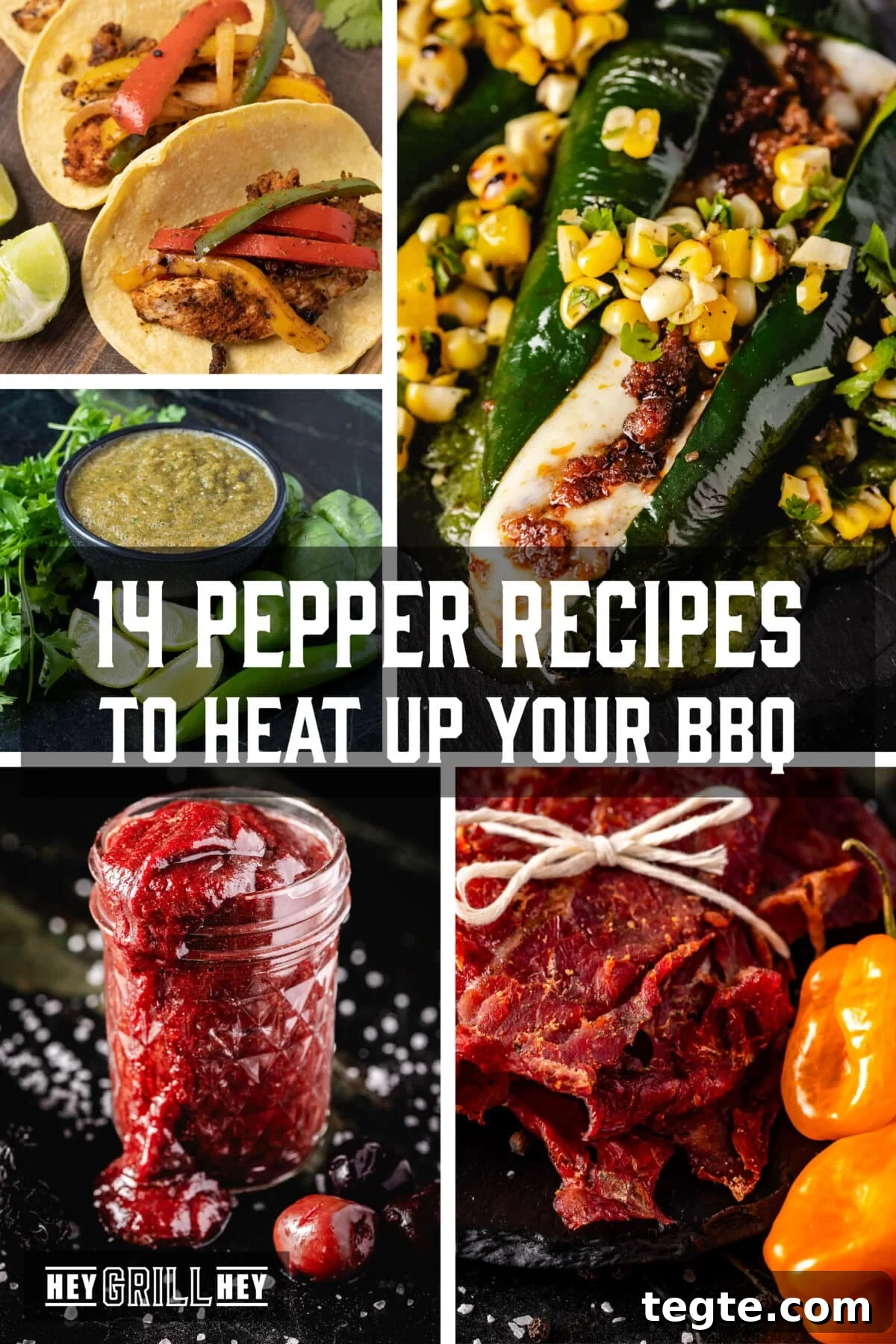 14 Pepper Recipes to Turn Up Flavor on Your Grill 2 A collage featuring various pepper recipes. The text overlay reads "14 Pepper Recipes to Heat Up Your BBQ" at the top, and "Hey Grill Hey" at the bottom.