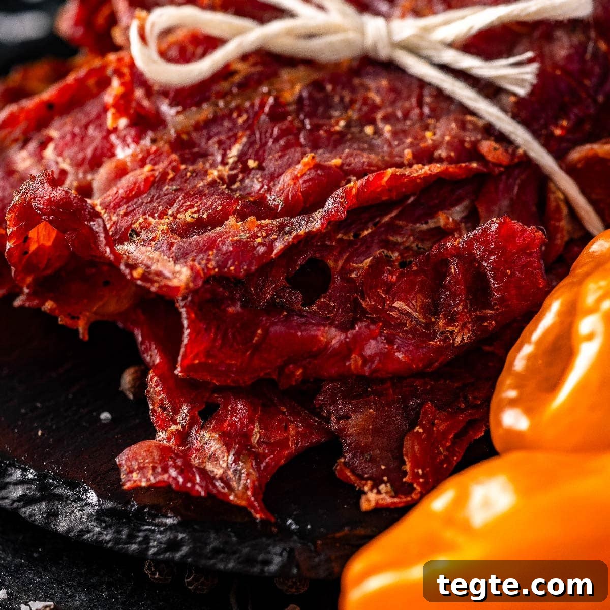 14 Pepper Recipes to Turn Up Flavor on Your Grill 16 Jerky tied with butcher's twine sitting on a black platter next to habanero peppers.