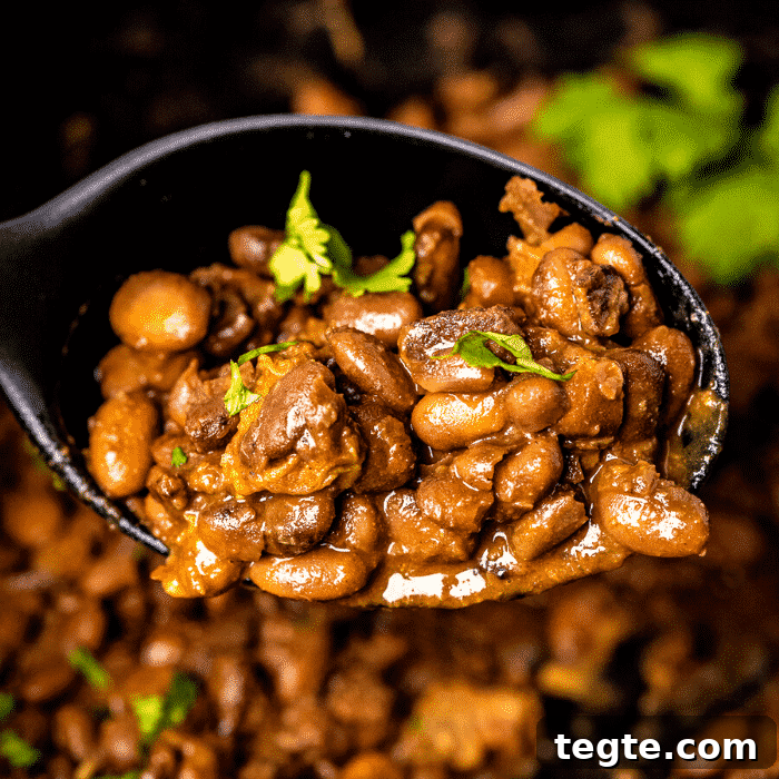 14 Pepper Recipes to Turn Up Flavor on Your Grill 7 Texas baked beans on a black spoon.