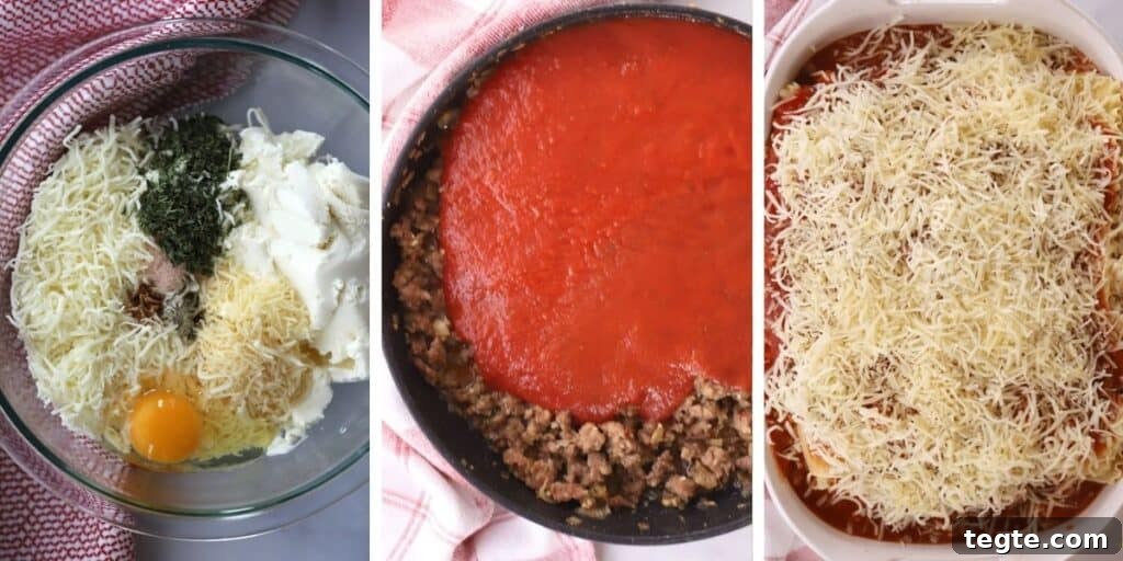 Making the cheese mixture and meat sauce for lasagna, then assembling in a baking dish.