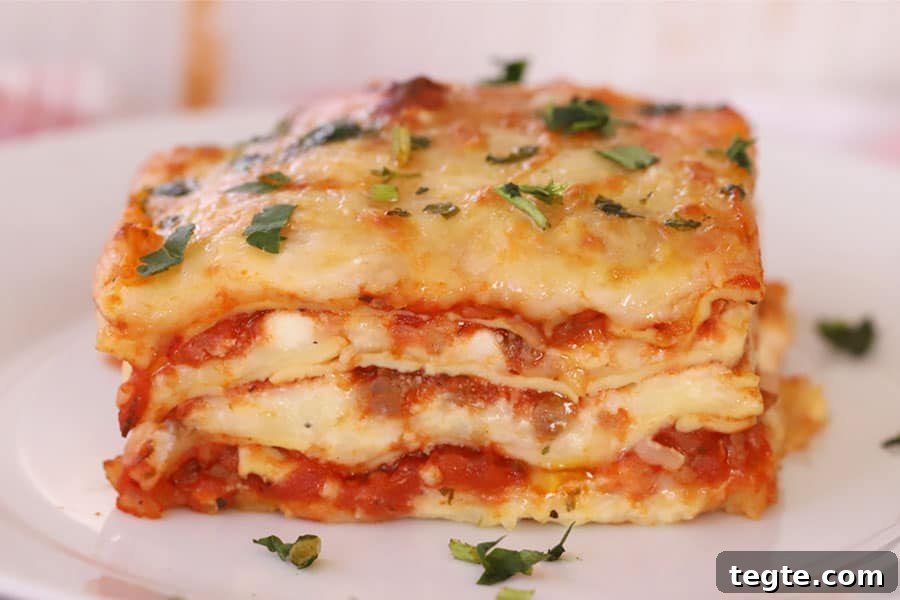 A slice of lasagna showing the layers of meat sauce, cheese, and pasta.