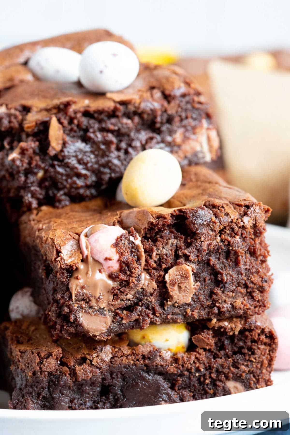 A stack of Cadbury mini egg brownies.