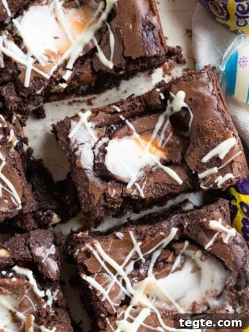Creme egg brownies cut into bars.