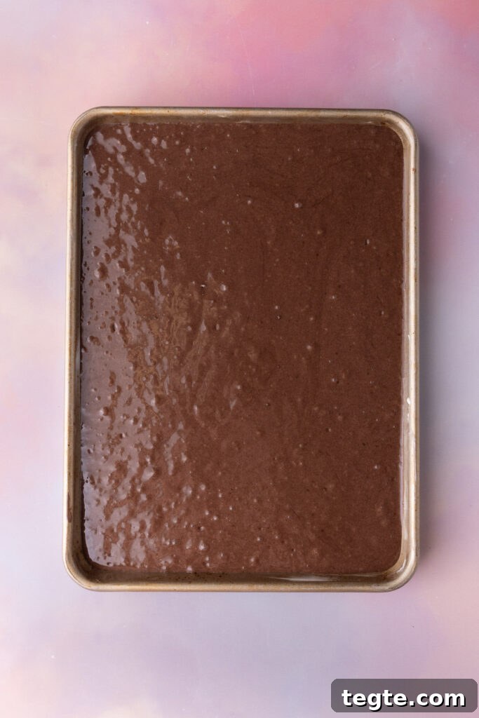 Baking a boxed chocolate cake mix in a 9x13 pan.