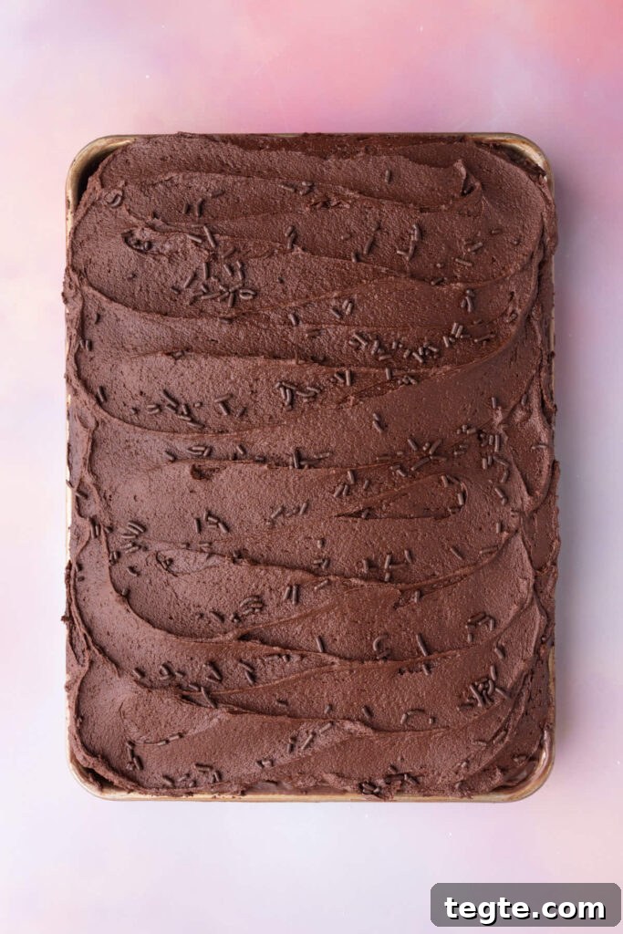 Chocolate poke cake with frosting a sprinkles, ready to cut and serve.