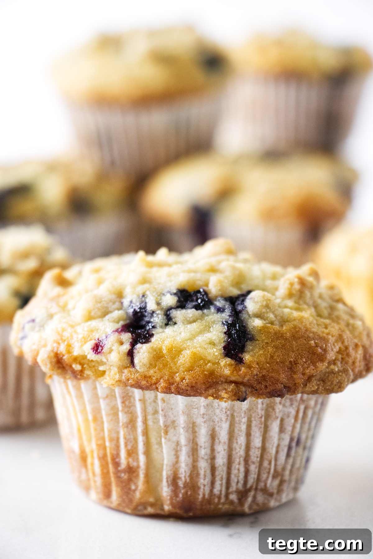 Sourdough Blueberry Muffins Recipe: Tangy, Moist, and Fluffy 7 Sourdough blueberry muffin with a stack of muffins in the background.