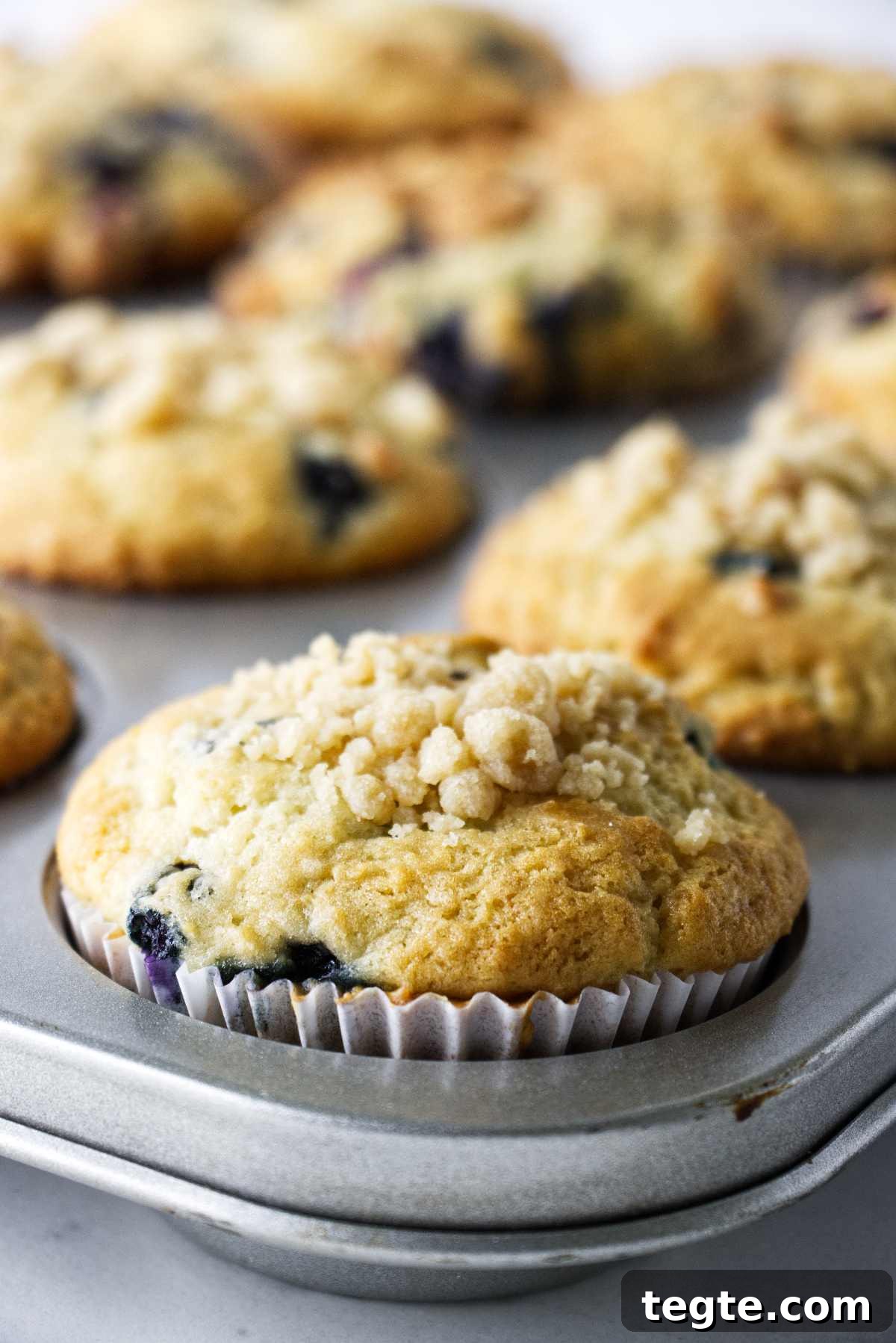 Sourdough Blueberry Muffins Recipe: Tangy, Moist, and Fluffy 4 Freshly baked blueberry sourdough muffins in a muffin tin.