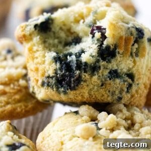 Sourdough Blueberry Muffins Recipe: Tangy, Moist, and Fluffy 5 Close-up of blueberry muffins, one halved to show moist, juicy interior.