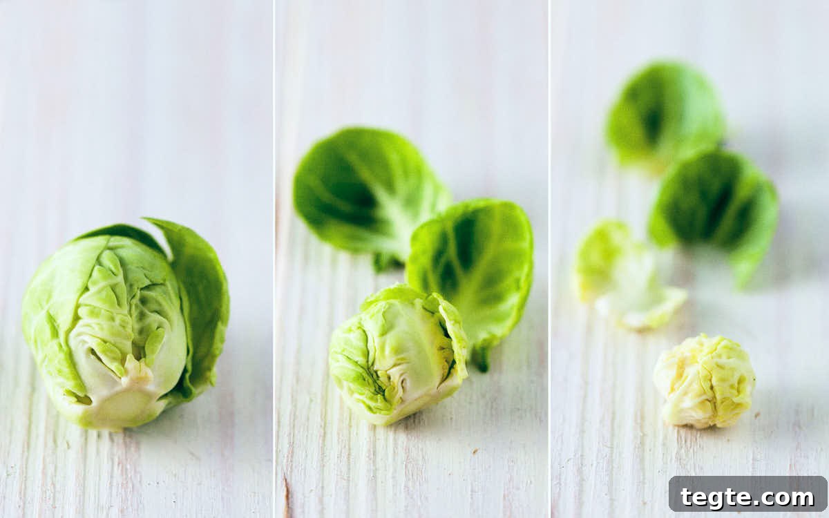 Step by step photo of peeling brussels sprouts