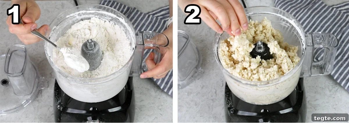 Steps to making scones showing coarse crumbs and the batter clumping together after adding the heavy cream and vanilla extract