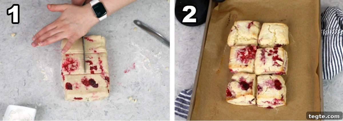 Cutting the dough into six even sized pieces and the scones after baking