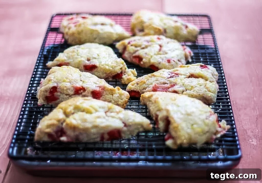 Strawberry Lemon Scones Recipe — Light, Flaky & Zesty 4 step 5: a batch of strawberry lemon scones cooling on a wire rack after being baked in the oven