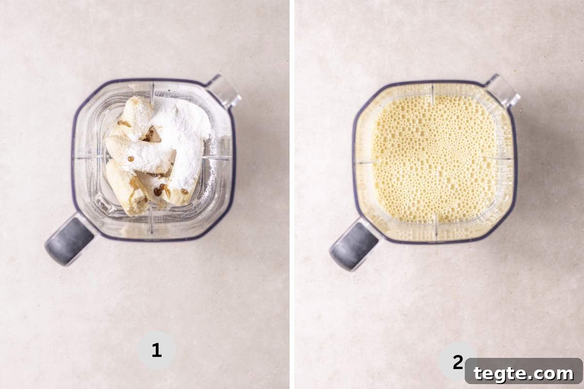 Creamy Homemade Banana Popsicles Recipe for Cooling Summer Treats 4 Banana and pudding mix in a blender bowl and blended puree in the blender bowl.