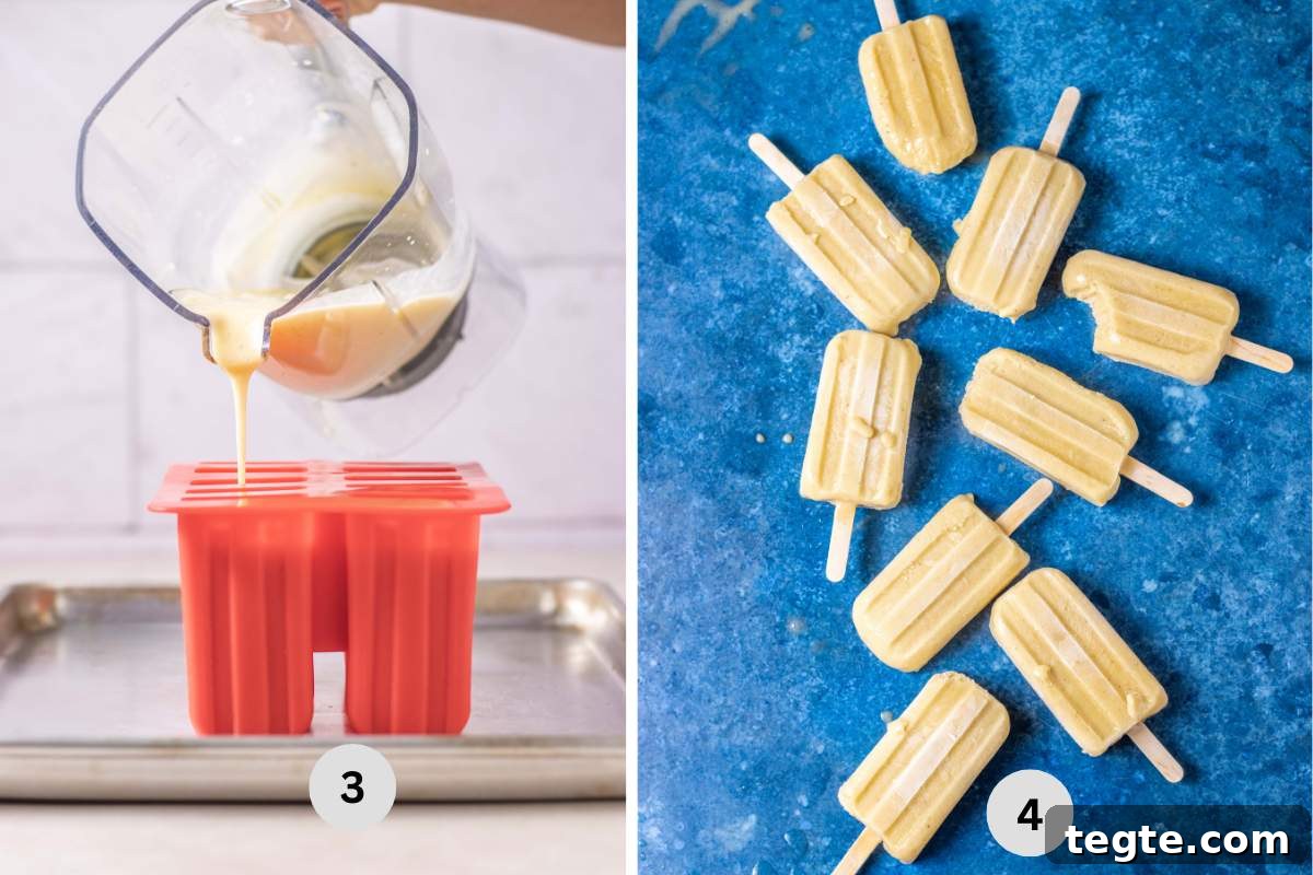 Creamy Homemade Banana Popsicles Recipe for Cooling Summer Treats 5 Pouring the pudding mix pops into the cavity of the popsicle molds, and what it looks like once it frozen.