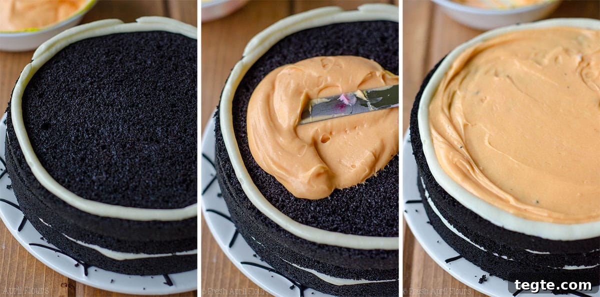 Ultimate Black Velvet Cake Recipe: Moist, Decadent Chocolate Layer Cake 6 creating layers of black velvet cake filled with orange frosting