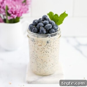 Creamy Chia Seed Overnight Oats Recipe for Quick Breakfast 11 A mason jar filled with overnight oatmeal topped with blueberries and mint