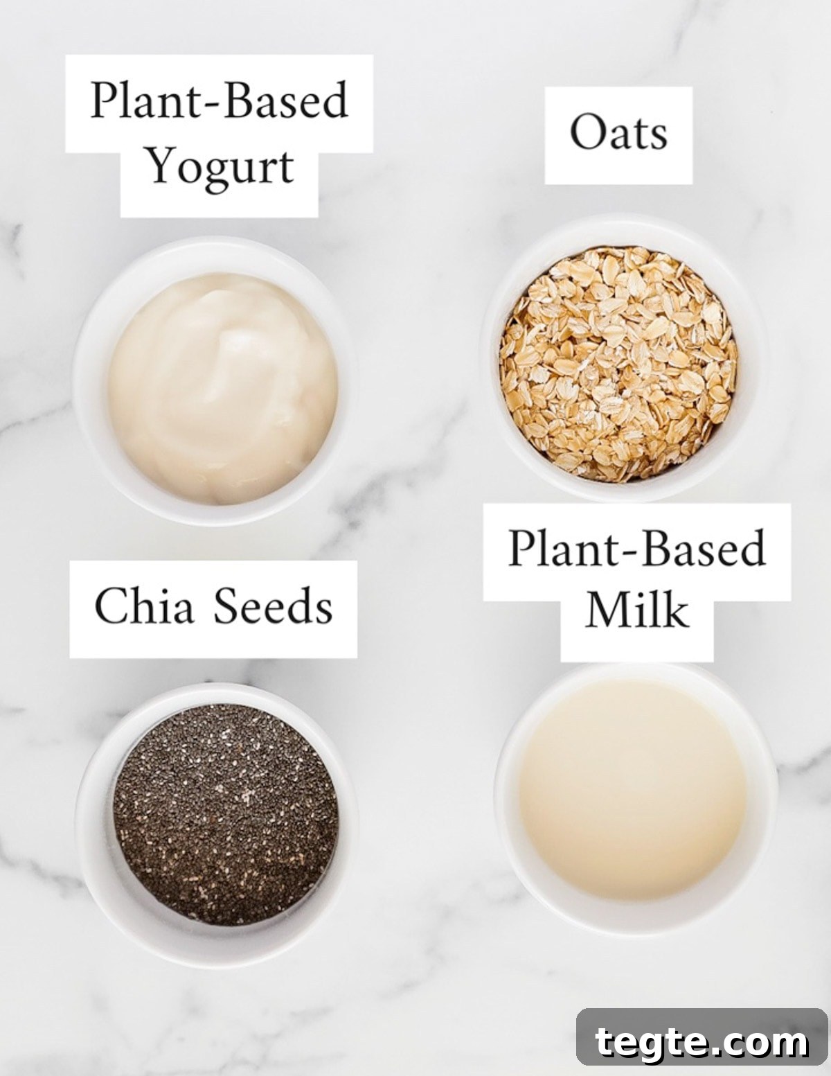 Creamy Chia Seed Overnight Oats Recipe for Quick Breakfast 3 Labeled ingredients including plant-based yogurt, oats, chia seeds, plant-based milk