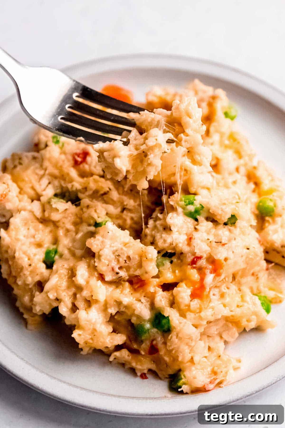 a forkful of creamy chicken and rice with melty cheese