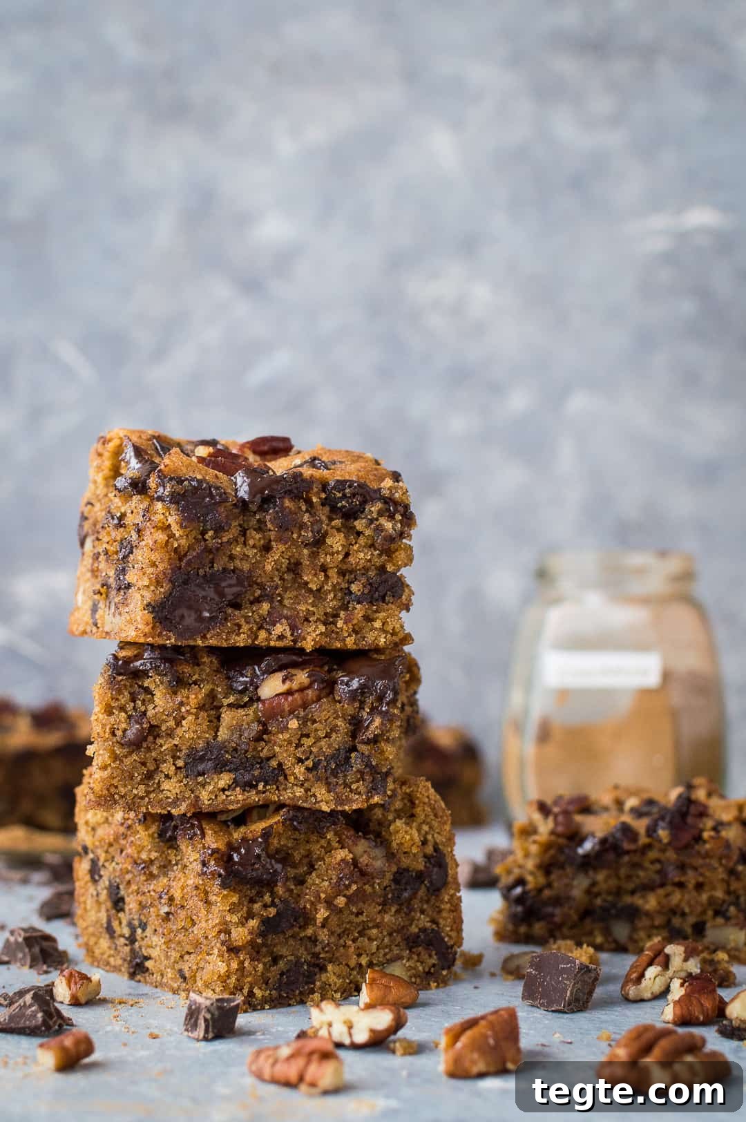 A stack of vegan peanut butter snack bars with chocolate chips, pecans and cinnamon.