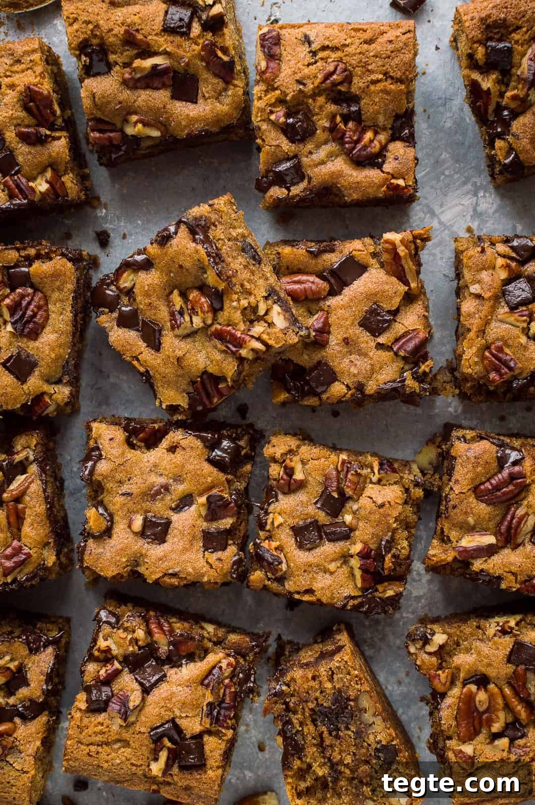Top down photo of vegan peanut butter chocolate chip pecan bars sliced into squares.
