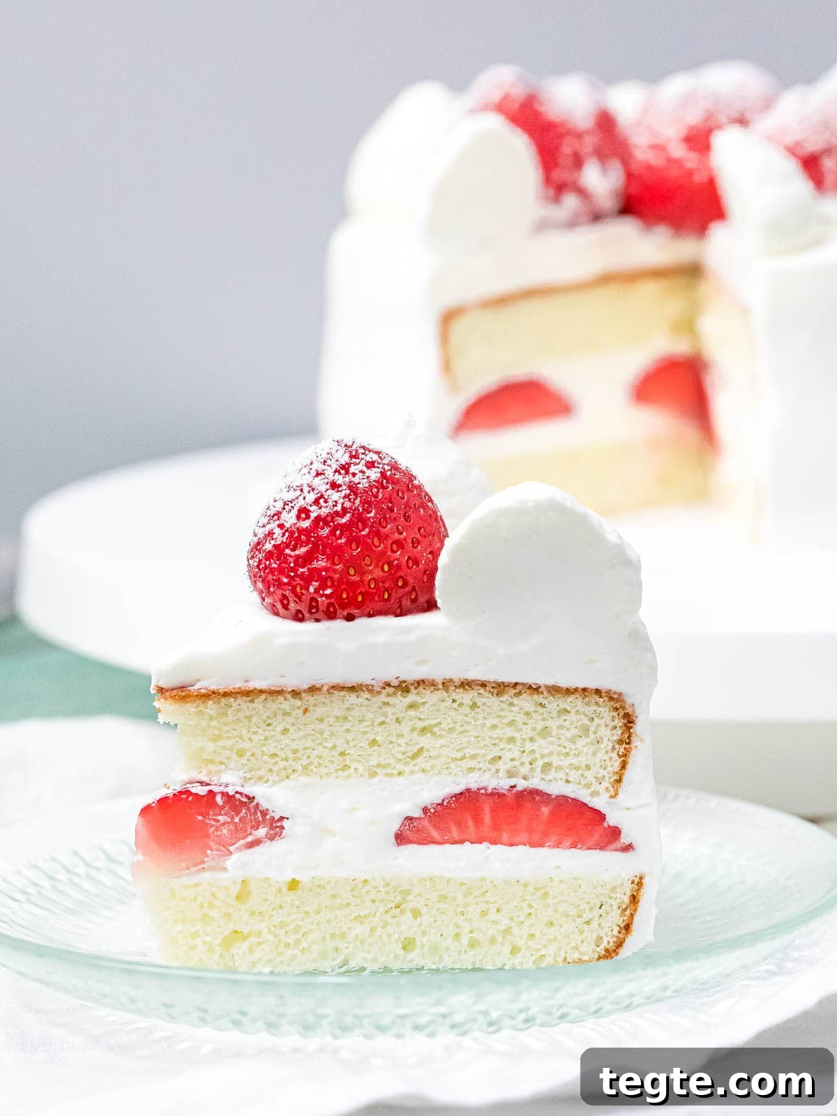 Authentic Japanese Strawberry Shortcake Recipe — Fluffy, Light Slice 3 a slice of Japanese strawberry sponge cake on a plate decorated with a whole strawberry and fresh cream