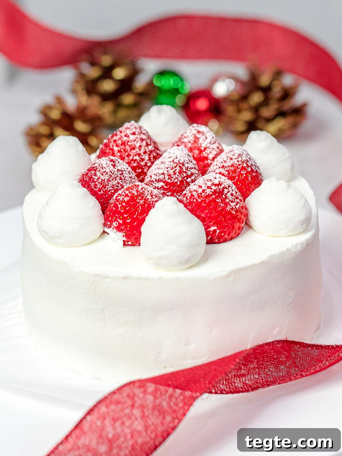 Authentic Japanese Strawberry Shortcake Recipe — Fluffy, Light Slice 4 Japanese Christmas cake decorated with whole strawberries dusted with powdered sugar with Christmas ornaments, red ribbon, and pine cones in the back
