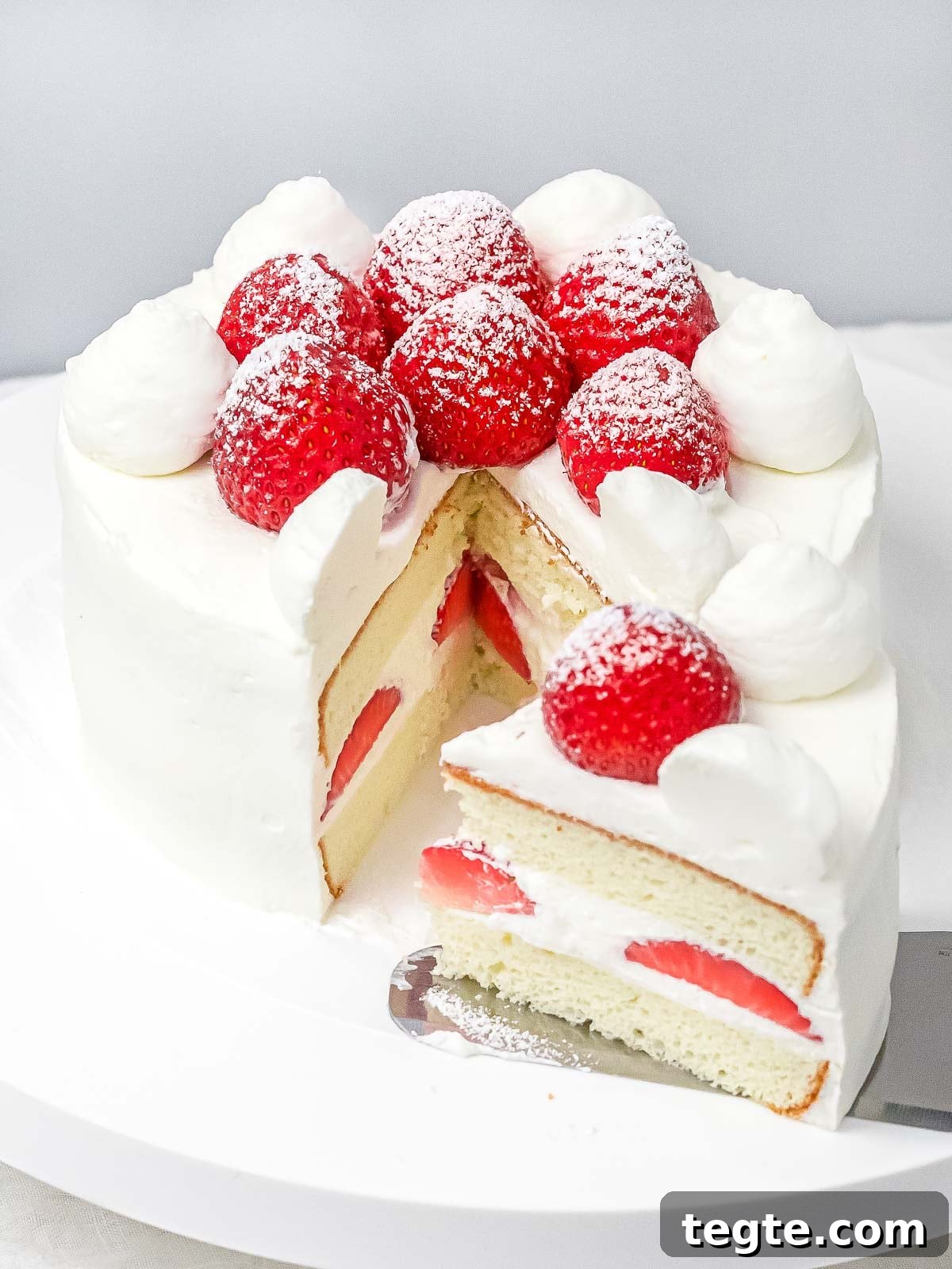 Authentic Japanese Strawberry Shortcake Recipe — Fluffy, Light Slice 9 a slice of fresh strawberry cream cake next to whole cake with strawberries and whipped cream
