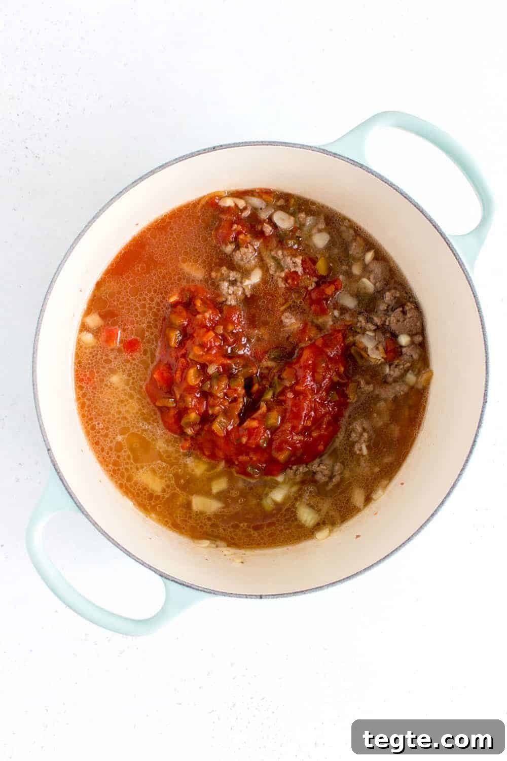 Salsa and broth added to a pot.