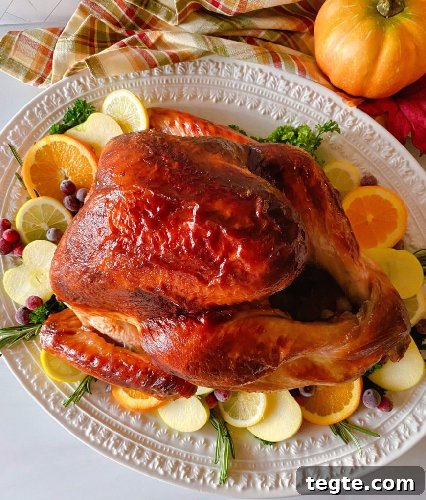 Perfect Roast Thanksgiving Turkey Recipe 2 Roasted Turkey on a white platter with fruit slices surrounding it.