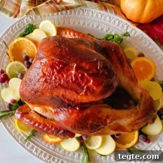 Perfect Roast Thanksgiving Turkey Recipe 23 Roasted Turkey on a white platter with fruit slices surrounding it.