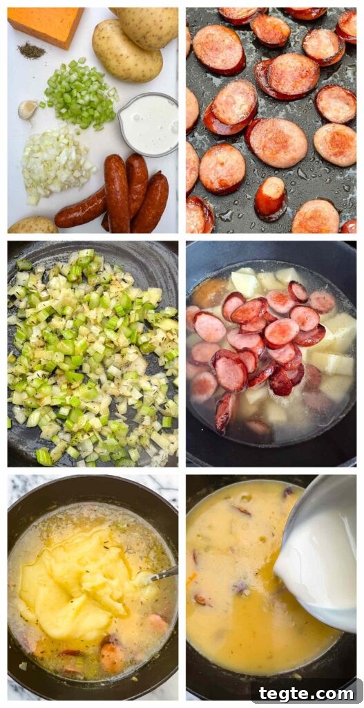 Hearty Kielbasa and Potato Soup Recipe 5 Process shots of kielbasa soup ingredients being prepared before cooked into soup in a pot