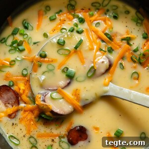 Hearty Kielbasa and Potato Soup Recipe 6 Top down shot of kielbasa soup in smooth potato blended broth being scooped out of a large pot