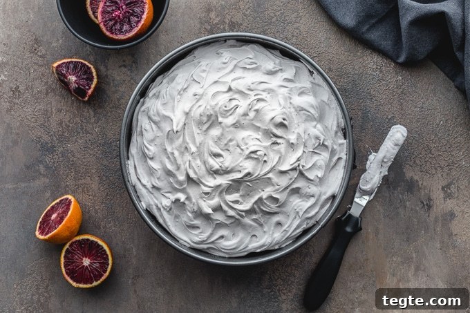 Dairy-Free Blood Orange Chocolate Cake Recipe 7 Overhead view of blood orange chocolate cake topped with coconut milk frosting.