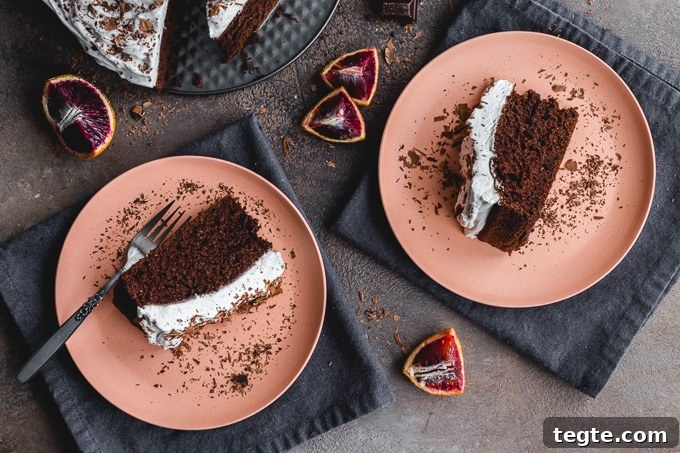 Dairy-Free Blood Orange Chocolate Cake Recipe 8 Two slices of chocolate cake on pink plates.
