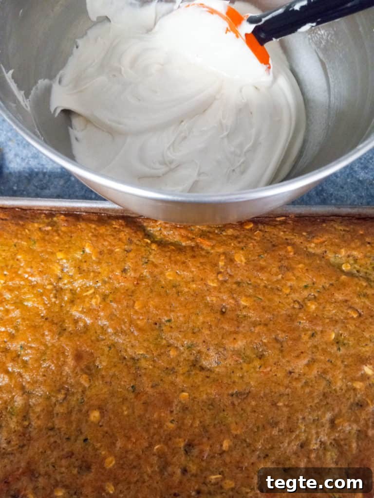 Zucchini Bars with Cream Cheese Frosting Recipe for Moist Dessert 4 baked zucchini bars ready for frosting.