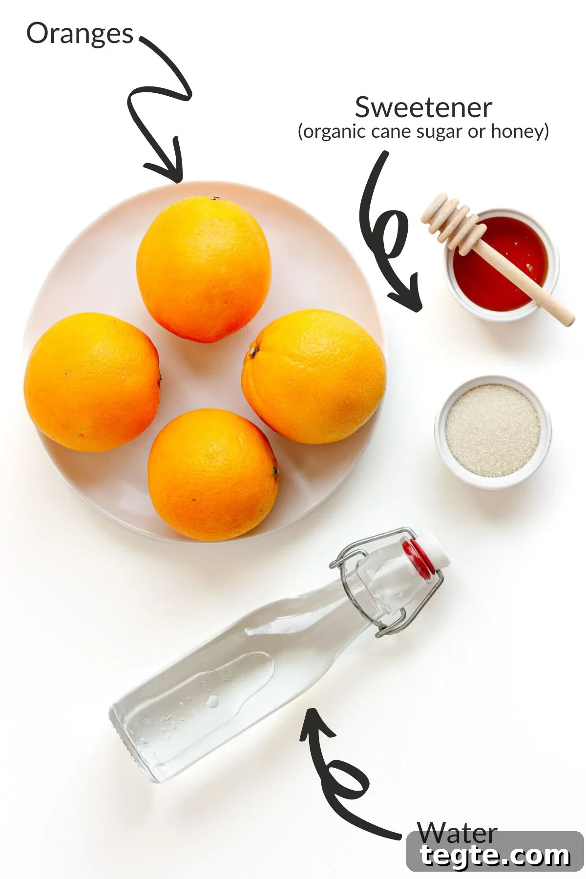 Refreshing Homemade Orange Popsicles Recipe 4 Labelled photo of ingredients needed to make homemade orange popsicles.