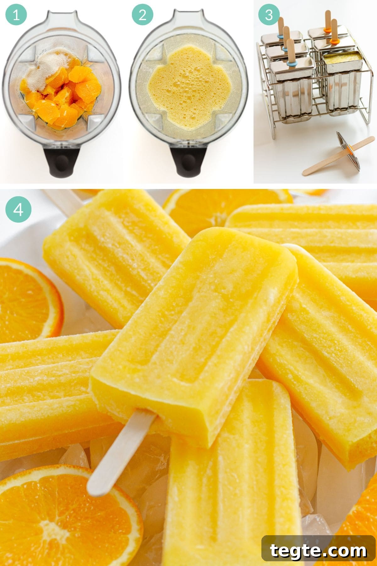 Refreshing Homemade Orange Popsicles Recipe 5 Numbered photo collage graphic showing how to make homemade orange popsicles.