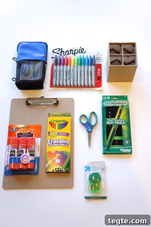 Homework Toolbox: Organize School Supplies for Students 4 Colorful school supplies and stationery essentials for kids and teachers, including markers, pencils, scissors, and glue.