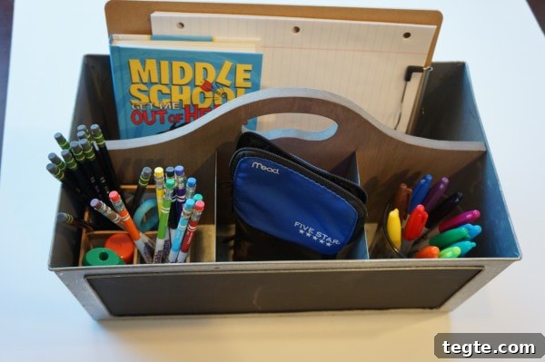 Homework Toolbox: Organize School Supplies for Students 6 Colorful school supplies organized in a desk caddy with notebooks and pens.