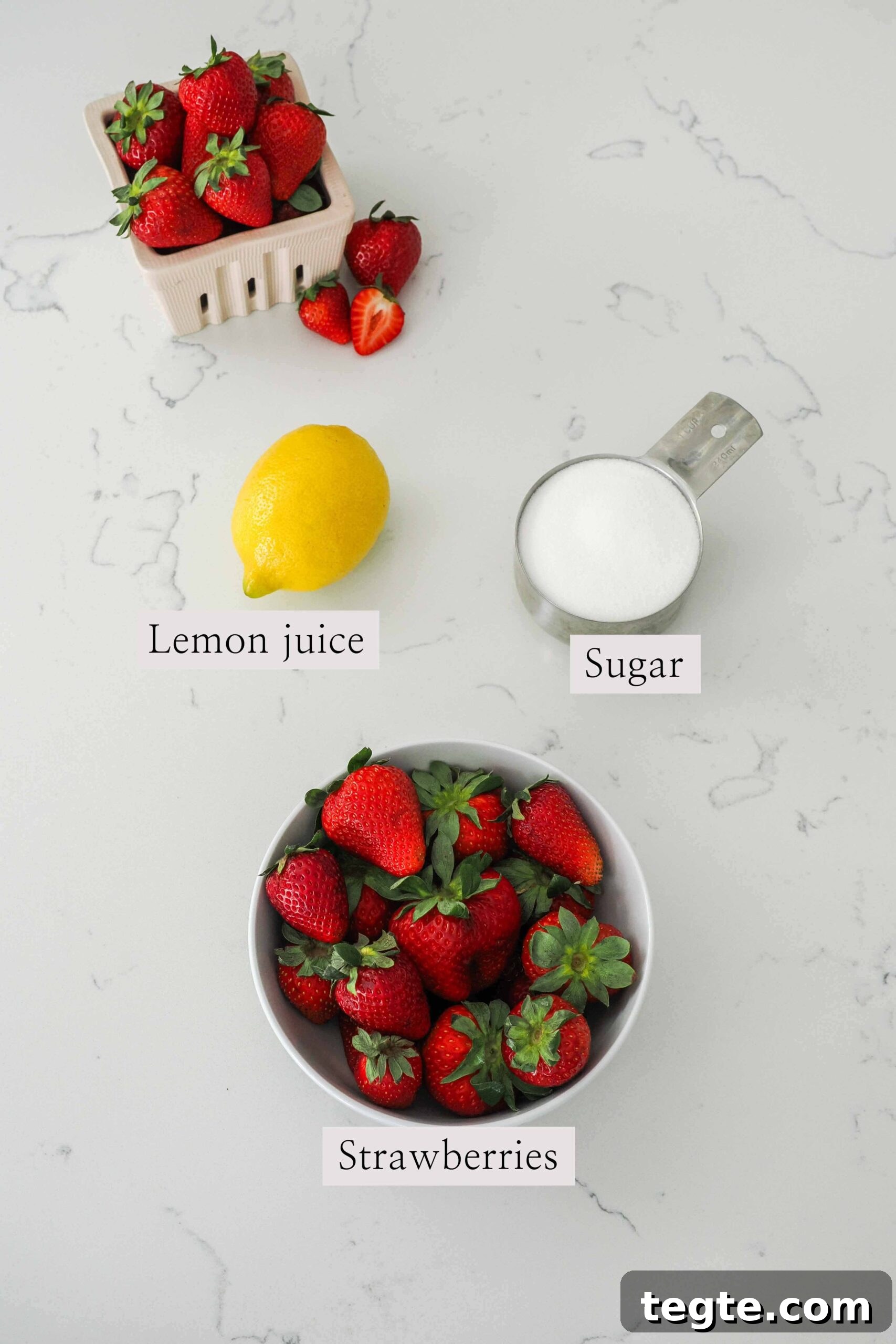Homemade Small-Batch Strawberry Jam Recipe for Fresh Preserves 3 Ingredients needed to make small batch strawberry jam on a counter.
