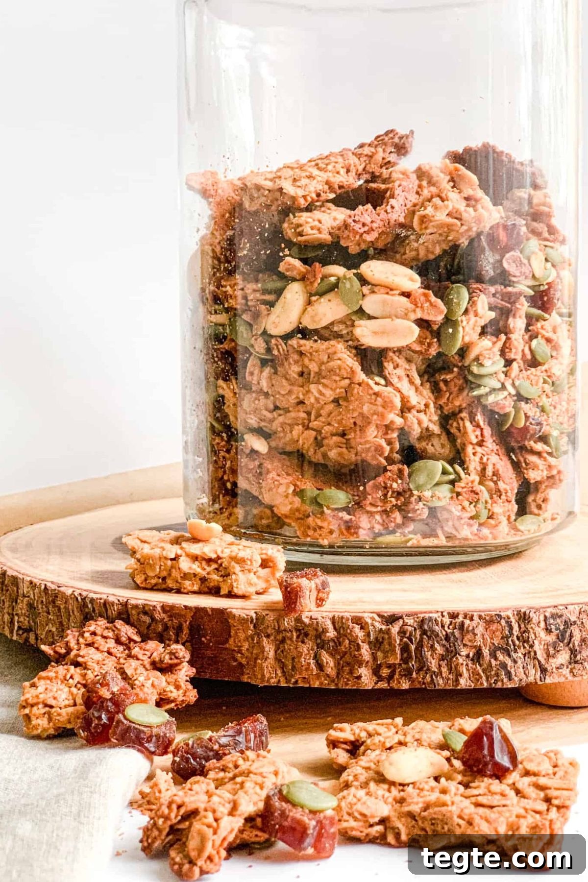 Peanut Butter Granola Clusters Food Photography Glass Jar of Healthy Crunchy Homemade Granola for Breakfast for Food Blog