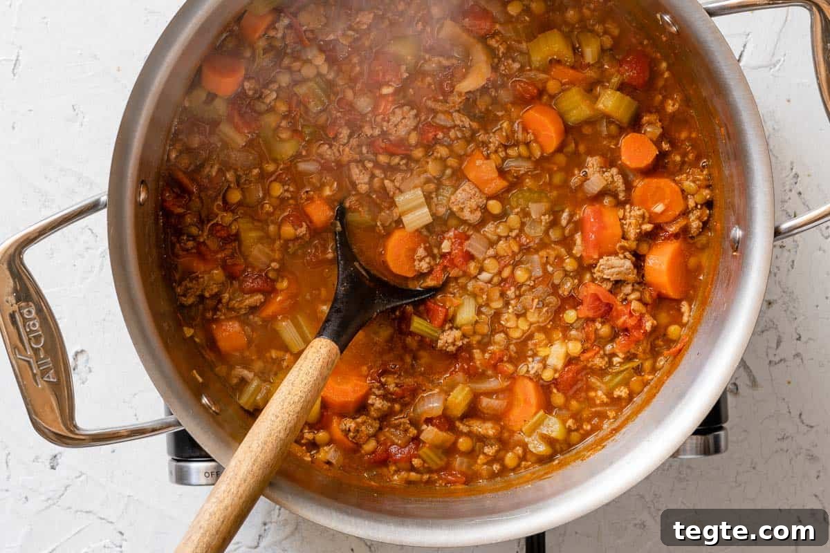 finished lentil turkey soup in pot with wooden spoon inside