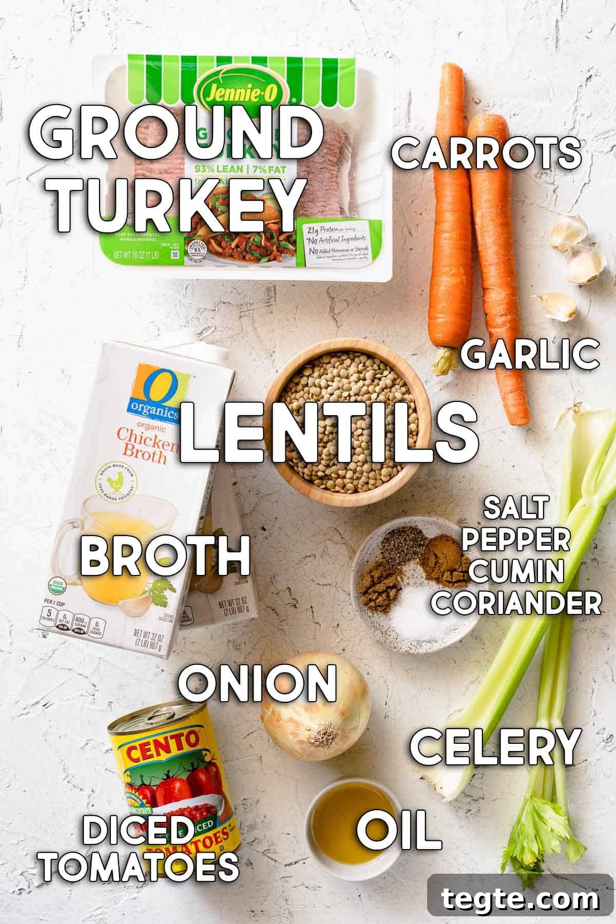 ingredients for lentil turkey soup with text labels