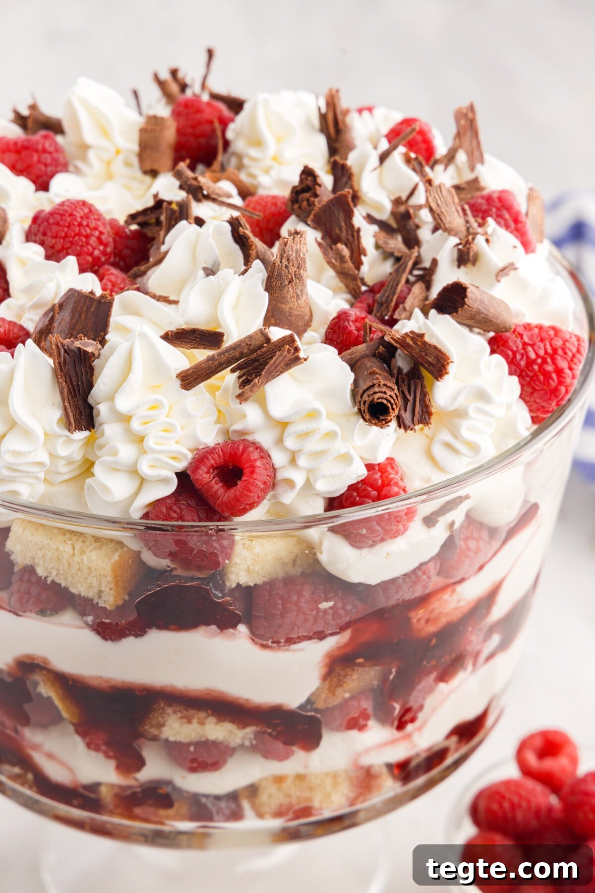Decadent Raspberry Trifle Recipe with Fresh Cream and Cake 2 Close up photo of a Raspberry Trifle