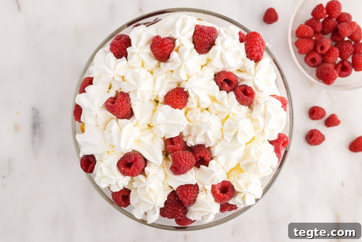 Decadent Raspberry Trifle Recipe with Fresh Cream and Cake 15 raspberries on top of raspberry trifle