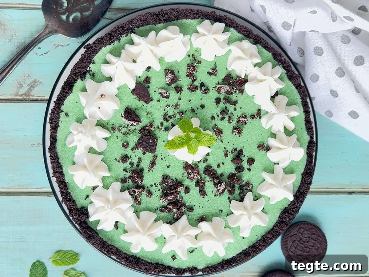 Classic Grasshopper Pie Recipe: Mint Chocolate Cream Pie 11 Grasshopper pie decorated with piped whipped cream, crushed cookies and a mint sprig.